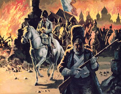 Napoleon rijdt door het brandende Moskou door English School